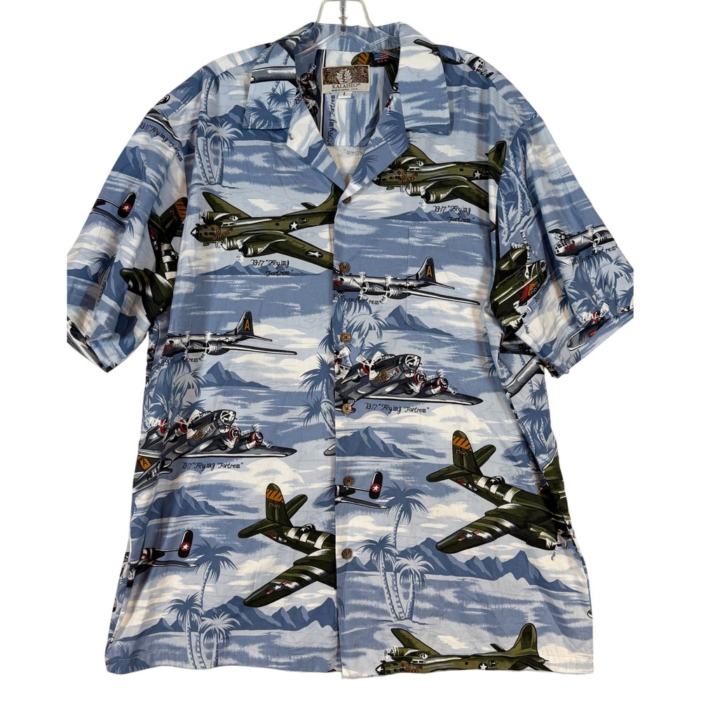 Kalaheo Mens Hawaiian Shirt Large Blue WWII Military Aircraft B-17 B-29 Warbird